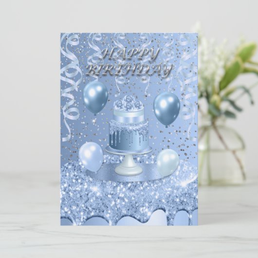 Blauer Geburtstagskuchen Einladung (Stehend Vorderseite)