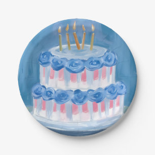 Blauer Geburtstagskuchen Wasserfarbe Feier Party Pappteller