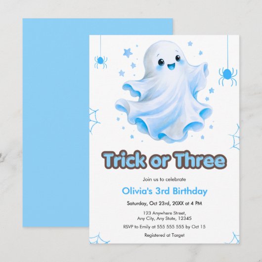 Blauer Geist-Trick oder drei Halloween 3. Geburtst Einladung (Vorne/Hinten)