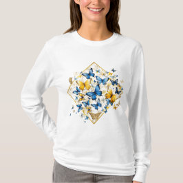 Blauer Gelb und Gold Schmetterling Lange Schnürsen T-Shirt