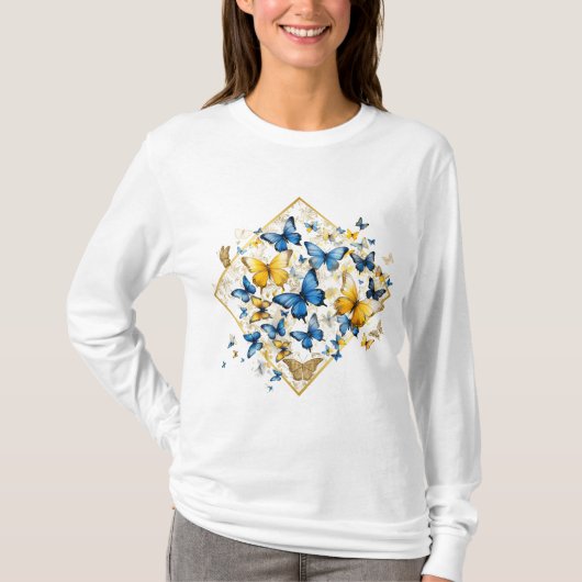 Blauer Gelb und Gold Schmetterling Lange Schnürsen T-Shirt (Vorderseite)