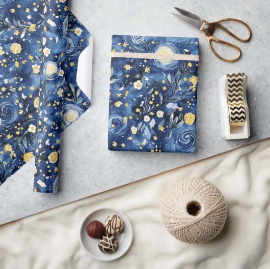 Blauer Gelber Blumiger Geburtstag Geschenkpapier (Kunsthandwerk)
