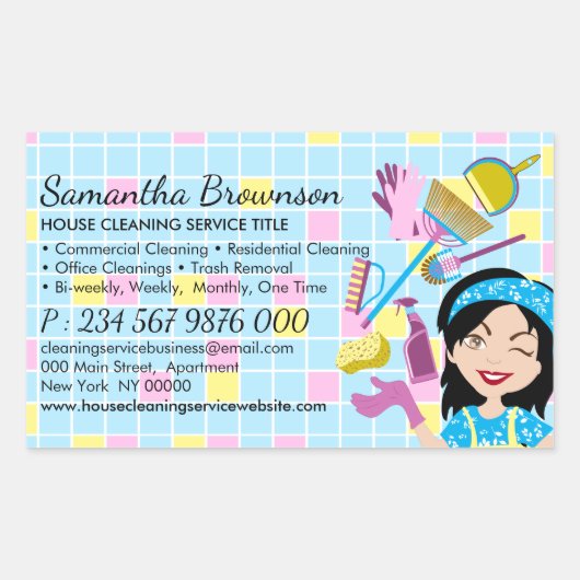 Blauer Gelber Cartoon Janitorial Reinigung Lady Rechteckiger Aufkleber (Vorderseite)