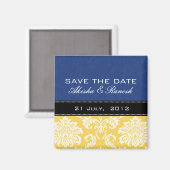 Blauer gelber Damast-Save the Date Magnet (Vorderseite/Rückseite)