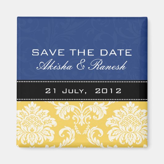 Blauer gelber Damast-Save the Date Magnet (Vorne)