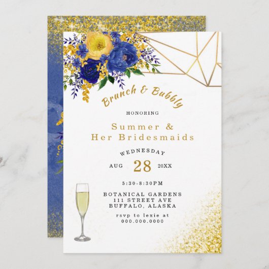 Blauer gelber goldfarbener Brunch und Bläschen Einladung (Vorne/Hinten)