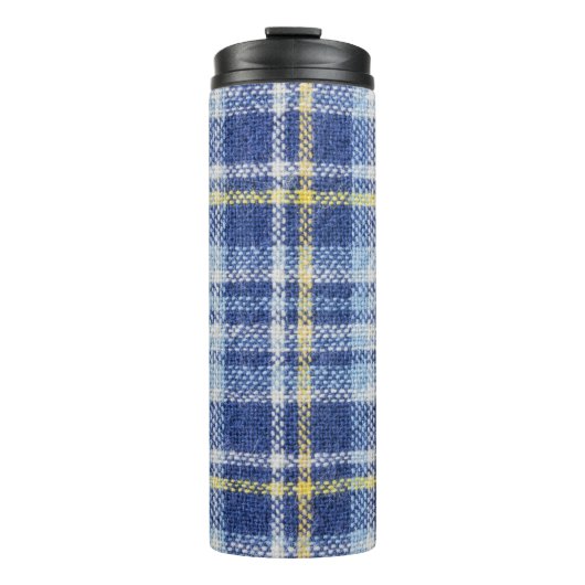 Blauer Gelber Tartan: Modische Karierte Thermosbecher (Vorderseite)
