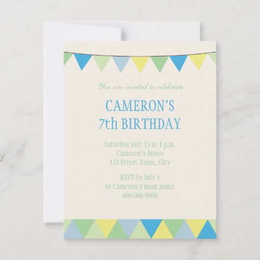 Blauer gelbes Grün-Schnurpennon-Kindergeburtstag Einladung (Vorderseite)