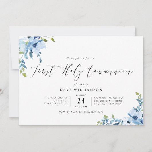 Blauer gemalte Blume erste Kommunion Einladung (Vorderseite)