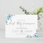 Blauer gemalte Blume erste Kommunion Einladung (Stehend Vorderseite)