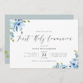 Blauer gemalte Blume erste Kommunion Einladung (Vorne/Hinten)