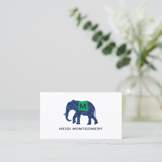 Blauer Gemusterter Elefant mit Monogram Visitenkarte (Stehend Vorderseite)