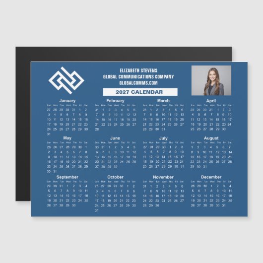 Blauer Geschäfts-Kalender 2027 mit Magnet für indi (Vorne/Hinten)