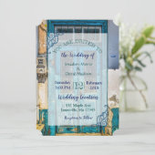 Blauer gestörter rustikaler Einladung zur Hochzeit (Stehend Vorderseite)