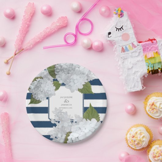 Blauer gestreifter weißer Hydrangea-BlumenKranz Pappteller (Party)