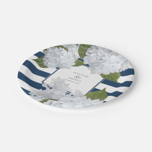 Blauer gestreifter weißer Hydrangea-BlumenKranz Pappteller (Schrägansicht)