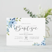 Blauer gestrichene Blume Taufe Einladung (Stehend Vorderseite)