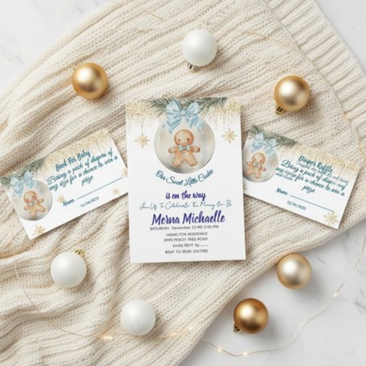 blauer Gingerbread-Junge in einer Christbaumkugel- Begleitkarte