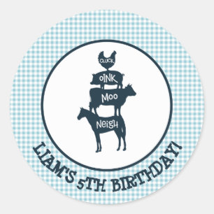 Blauer Gingham-Bauernhof-Thema-Tier-Geburtstag Runder Aufkleber