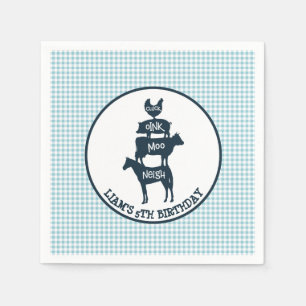 Blauer Gingham-Bauernhof-Thema-Tier-Geburtstag Serviette