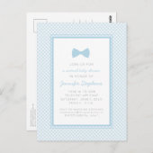 Blauer Gingham-Bogen-Krawatte virtuelle Babydusche Postkarte (Vorne/Hinten)