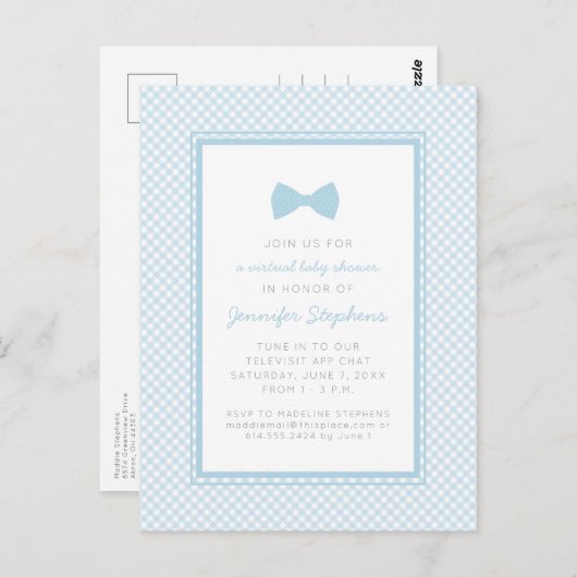Blauer Gingham-Bogen-Krawatte virtuelle Babydusche Postkarte (Vorne/Hinten)