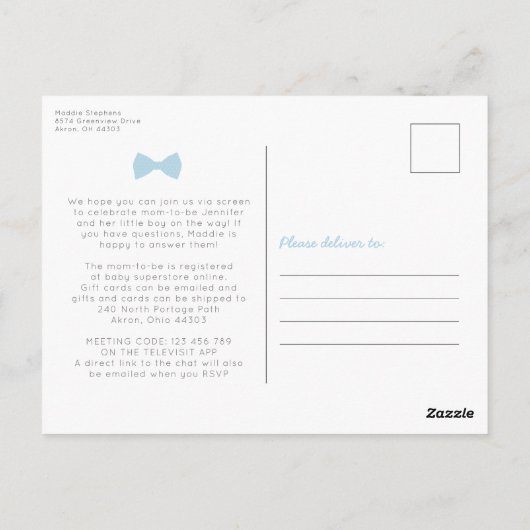 Blauer Gingham-Bogen-Krawatte virtuelle Babydusche Postkarte (Rückseite)