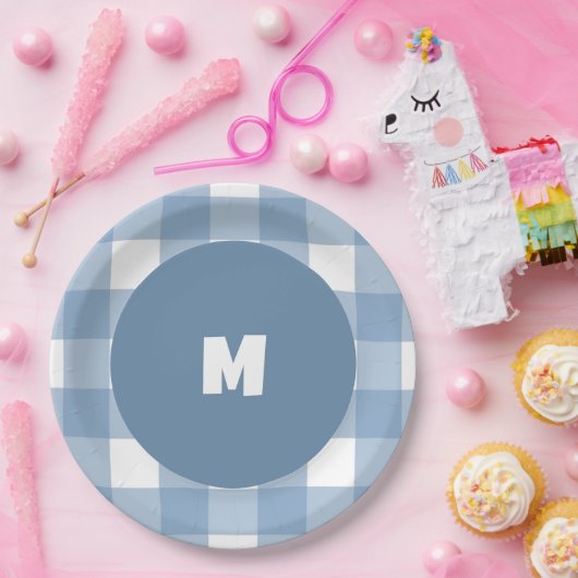 Blauer Gingham-Geburtsteller Pappteller (Party)