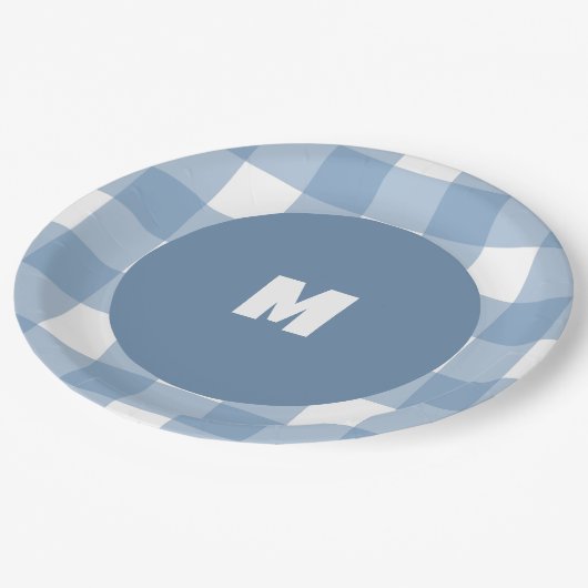 Blauer Gingham-Geburtsteller Pappteller (Schrägansicht)