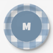 Blauer Gingham-Geburtsteller Pappteller (Vorderseite)