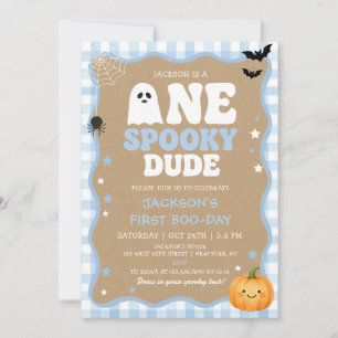 Blauer Gingham-Geist Halloween 1. Geburtstag Einladung