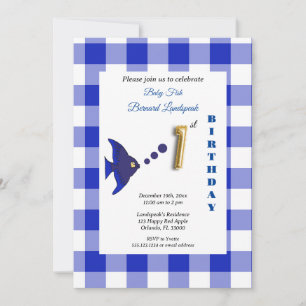 Blauer Gingham-Goldfolien-Ballon-Fisch zum 1. Gebu Einladung