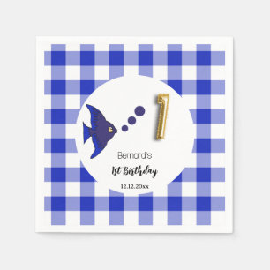 Blauer Gingham-Goldfolien-Ballonfisch zum 1. Gebur Serviette