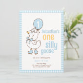 Blauer Gingham-Junge Ein verrückter Gans 1. Geburt Einladung (Stehend Vorderseite)