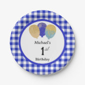 Blauer Gingham & Luftballons 1. Geburtstag  Pappteller (Vorderseite)