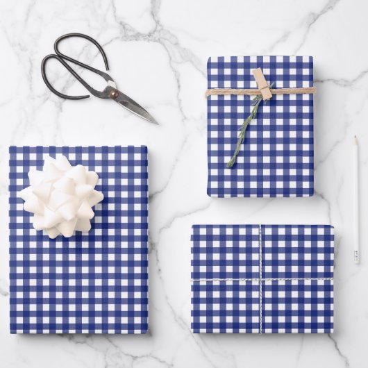 Blauer Gingham mit Schachbrettmuster im Stil Geschenkpapier Set (Vorderseite)