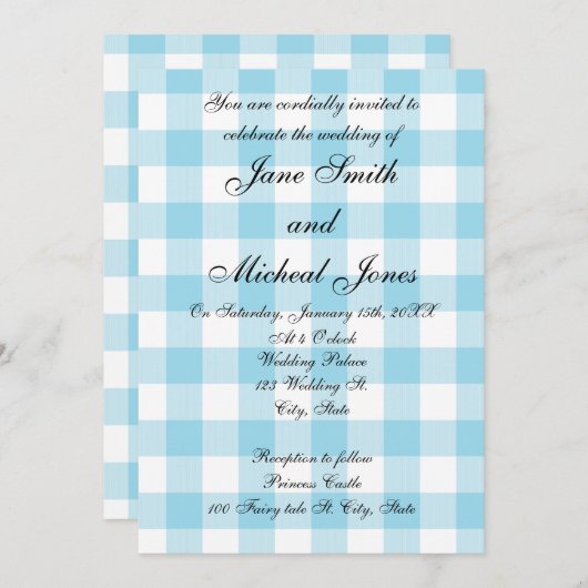 Blauer Gingham Muster Hochzeitsaufenthalte Einladung (Vorne/Hinten)