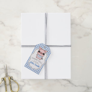 Blauer Gingham-Piggy Babyparty danken Ihnen Geschenkanhänger