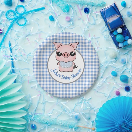Blauer Gingham-Piggy Babyparty Pappteller (Party)