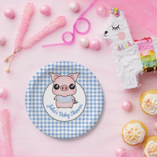 Blauer Gingham-Piggy Babyparty Pappteller (Party)