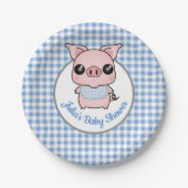 Blauer Gingham-Piggy Babyparty Pappteller (Vorderseite)