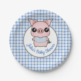 Blauer Gingham-Piggy Babyparty Pappteller