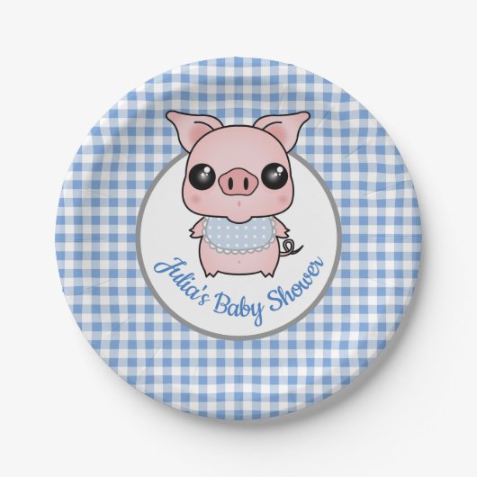 Blauer Gingham-Piggy Babyparty Pappteller (Vorderseite)
