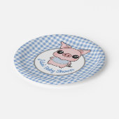 Blauer Gingham-Piggy Babyparty Pappteller (Schrägansicht)