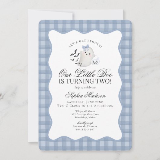 Blauer Gingham-Preppy-Geist Kleiner Boo 2. Geburts Einladung (Vorderseite)