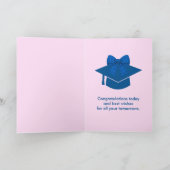 Blauer Gingham-Schleifen-Foto-Abschlussfeier Karte (Innenseite)