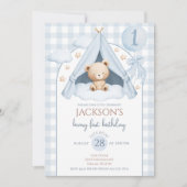 Blauer Gingham-Teddybär-Ballon-Junge 1. Geburtstag Einladung (Vorderseite)
