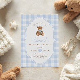 Blauer Gingham-Teddybär Beary Erster Geburtstag Einladung