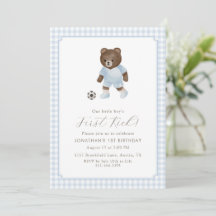 Blauer Gingham-Teddybär-Fußball-Erstes-Tor-Einladu