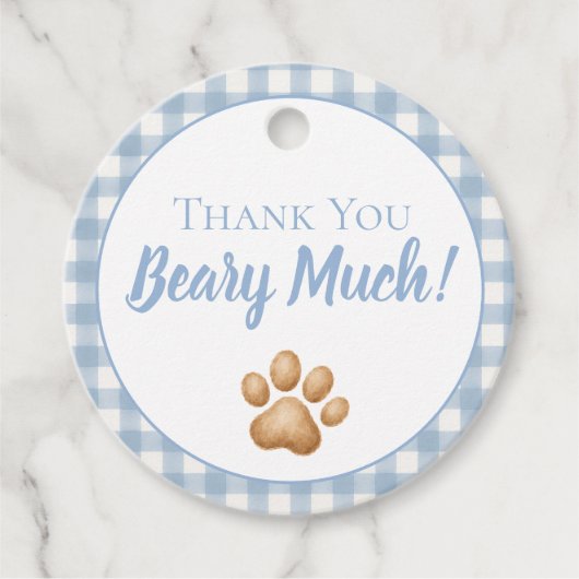 Blauer Gingham-Teddybär Geschenkanhänger (Vorderseite)